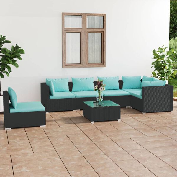 vidaXL Salon de jardin 7 pcs avec coussins R&eacute;sine tress&eacute;e Noir