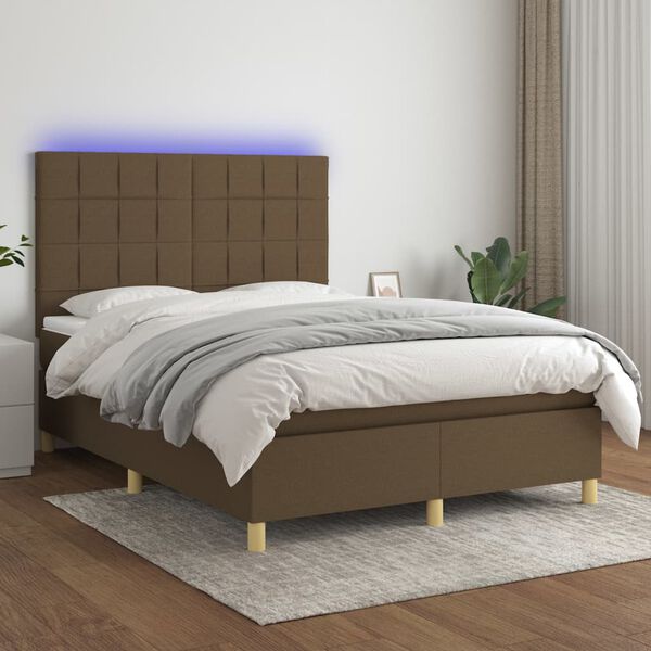 vidaXL Sommier &agrave; lattes de lit matelas et LED Marron fonc&eacute; 140x200 cm
