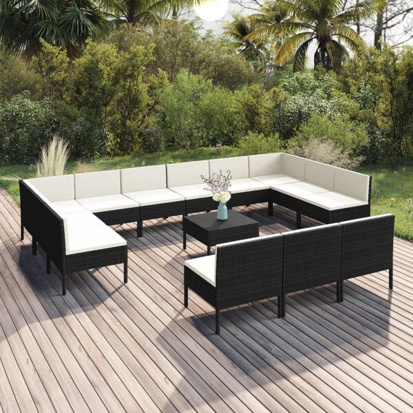 vidaXL Salon de jardin 14 pcs avec coussins R&eacute;sine tress&eacute;e Noir