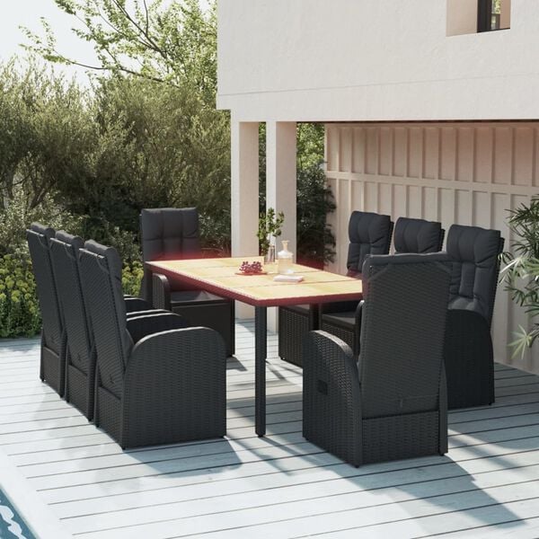 vidaXL Ensemble &agrave; manger de jardin 9pcs coussins noir r&eacute;sine tress&eacute;e