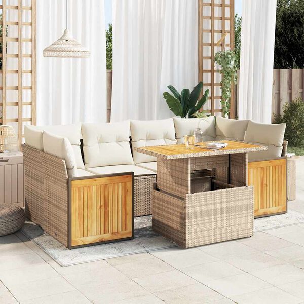 vidaXL Salon de jardin avec coussins 7 pcs beige r&eacute;sine tress&eacute;e acacia