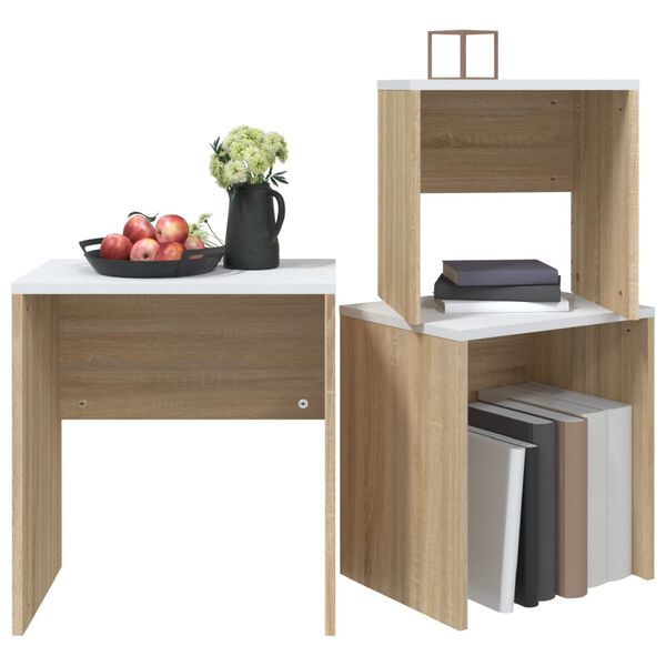 vidaXL Tables basses gigognes 3 pcs blanc ch&ecirc;ne sonoma bois ing&eacute;nierie