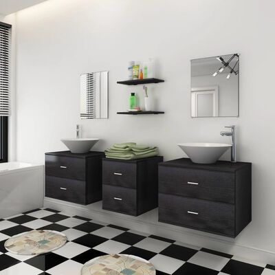 vidaXL Meubles de salle de bain 9 pcs avec lavabo et robinet Noir