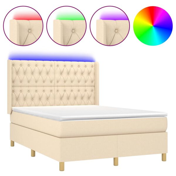 vidaXL Sommier &agrave; lattes de lit matelas et LED Cr&egrave;me 140x190 cm Tissu