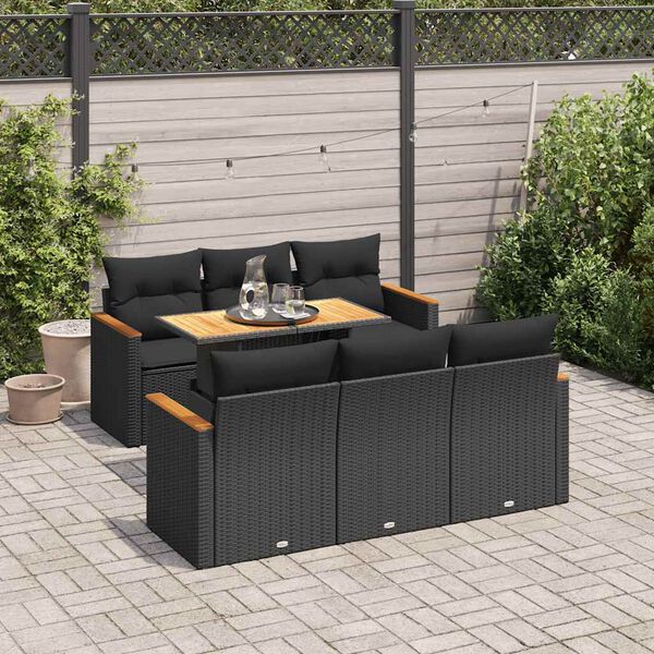 vidaXL Salon de jardin avec coussins 7 pcs noir résine tressée acacia