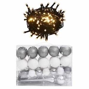 vidaXL Set de boules de No&euml;l avec pic et 150 LED 60 pcs Blanc et gris
