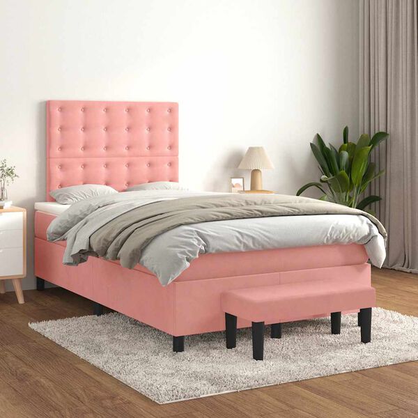 vidaXL Sommier &agrave; lattes de lit avec matelas rose 120x190 cm velours