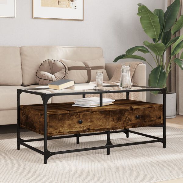 vidaXL Table basse avec dessus en verre ch&ecirc;ne fum&eacute; 98,5x50x45 cm acier