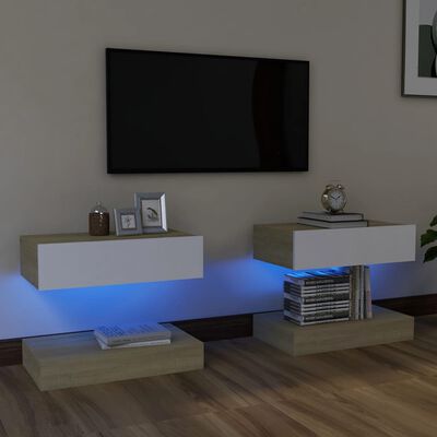 vidaXL Meubles TV avec LED 2 pcs Blanc et chêne sonoma 60x35 cm