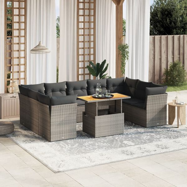 vidaXL Salon de jardin avec coussins 10 pcs gris r&eacute;sine tress&eacute;e