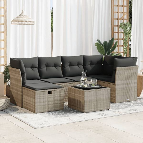 vidaXL Salon de jardin avec coussins 7 pcs gris clair r&eacute;sine tress&eacute;e