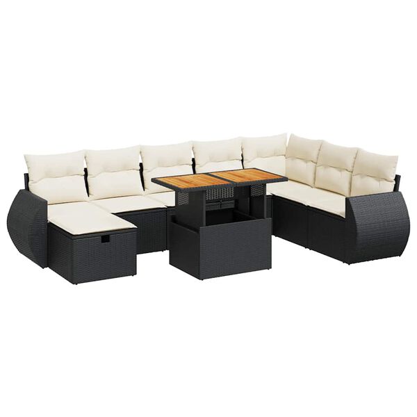 vidaXL Salon de jardin avec coussins 9 pcs noir r&eacute;sine tress&eacute;e acacia
