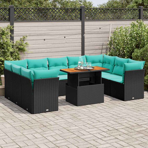 vidaXL Salon de jardin 10 pcs avec coussins noir r&eacute;sine tress&eacute;e