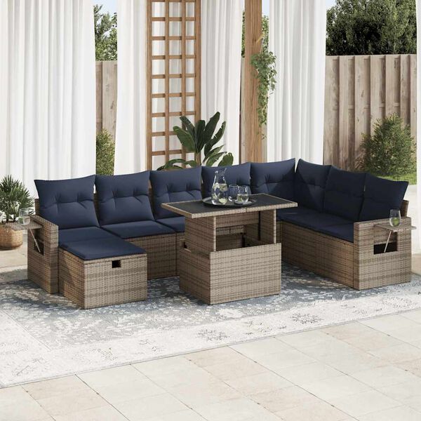 vidaXL Salon de jardin avec coussins 9pcs gris r&eacute;sine tress&eacute;e acacia