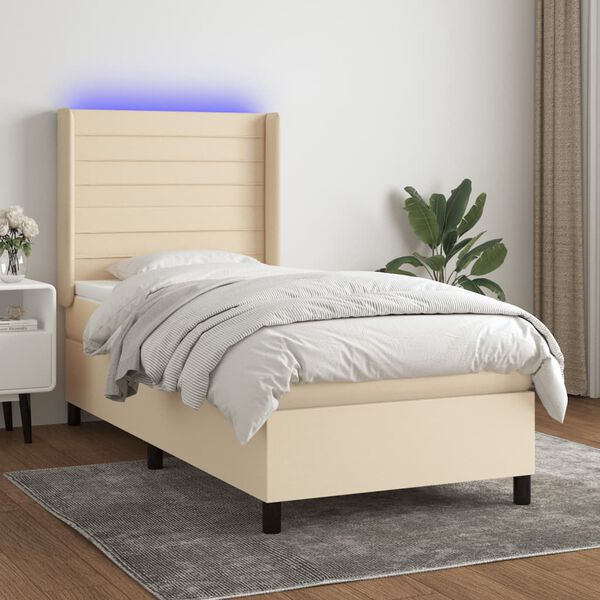 vidaXL Sommier &agrave; lattes de lit matelas et LED Cr&egrave;me 100x200 cm Tissu