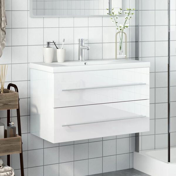 vidaXL Armoire lavabo de salle de bain bassin int&eacute;gr&eacute; blanc brillant
