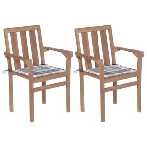 vidaXL Chaises de jardin lot de 2 avec coussins &agrave; carreaux gris Teck