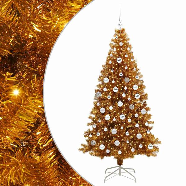 vidaXL Sapin de No&euml;l avec 300 LED avec support Dor&eacute; 180 cm PET