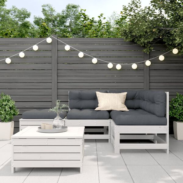 vidaXL Salon de jardin 5 pcs avec coussins blanc bois massif de pin