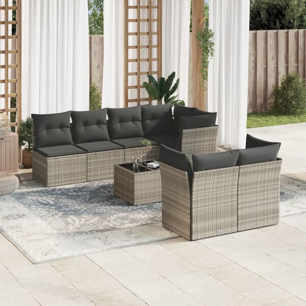 vidaXL Salon de jardin 8 pcs avec coussins gris clair r&eacute;sine tress&eacute;e