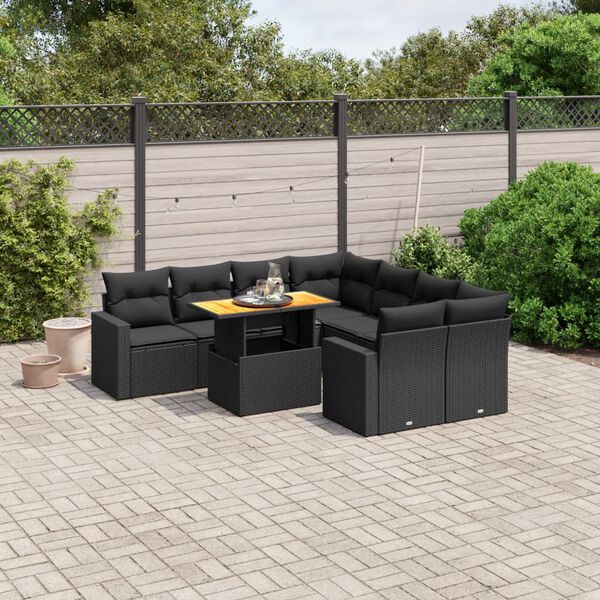 vidaXL Salon de jardin 9 pcs avec coussins noir r&eacute;sine tress&eacute;e