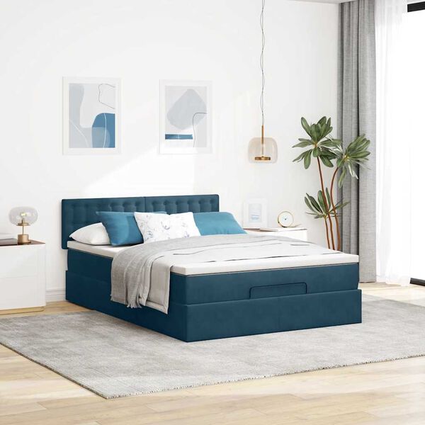 vidaXL Cadre de lit ottoman avec matelas bleu fonc&eacute; 140x200 cm velours