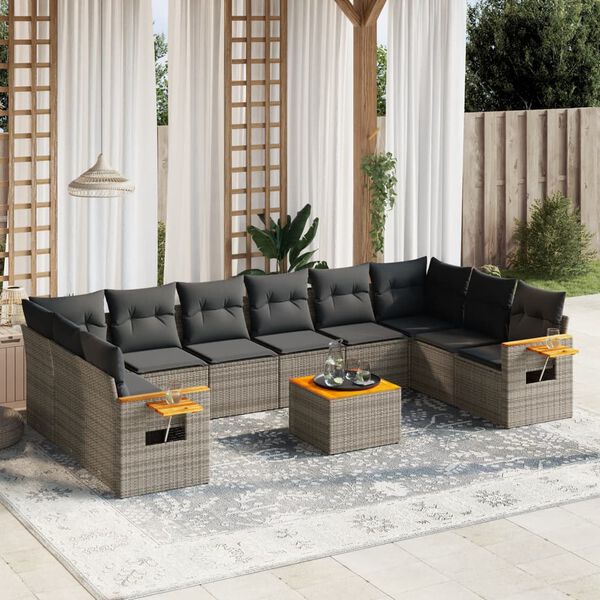 vidaXL Salon de jardin 11 pcs avec coussins gris r&eacute;sine tress&eacute;e