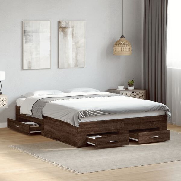 vidaXL Cadre de lit avec tiroirs sans matelas ch&ecirc;ne marron 135x190 cm