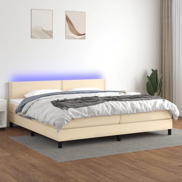 vidaXL Sommier &agrave; lattes de lit et matelas et LED Cr&egrave;me 200x200cm Tissu