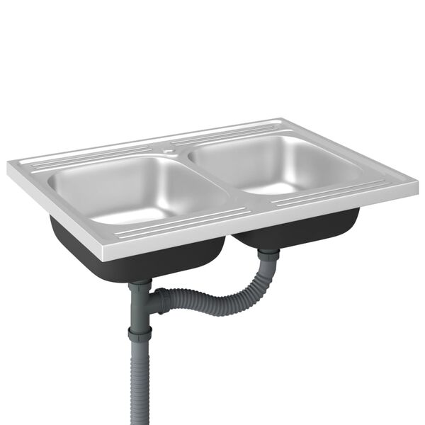 vidaXL Évier de cuisine à double lavabo argenté 800x600x155 mm inox