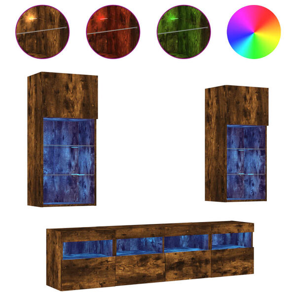 vidaXL Unit&eacute;s murales TV avec LED 5 pcs ch&ecirc;ne fum&eacute; bois d'ing&eacute;nierie