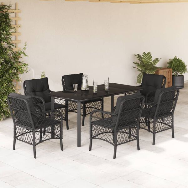 vidaXL Ensemble &agrave; manger de jardin coussins 7pcs Noir R&eacute;sine tress&eacute;e