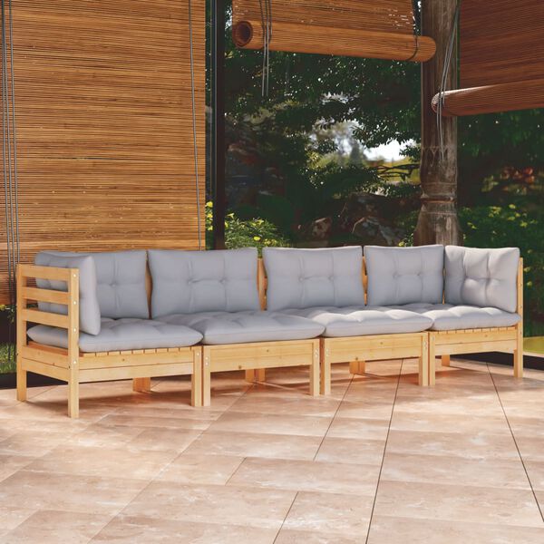 vidaXL Salon de jardin 4 pcs avec coussins gris Bois de pin massif