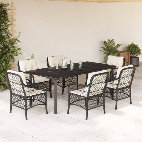 vidaXL Ensemble &agrave; manger de jardin coussins 7pcs Noir R&eacute;sine tress&eacute;e