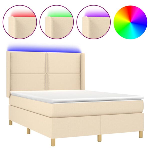 vidaXL Sommier &agrave; lattes de lit matelas et LED Cr&egrave;me 140x200 cm Tissu