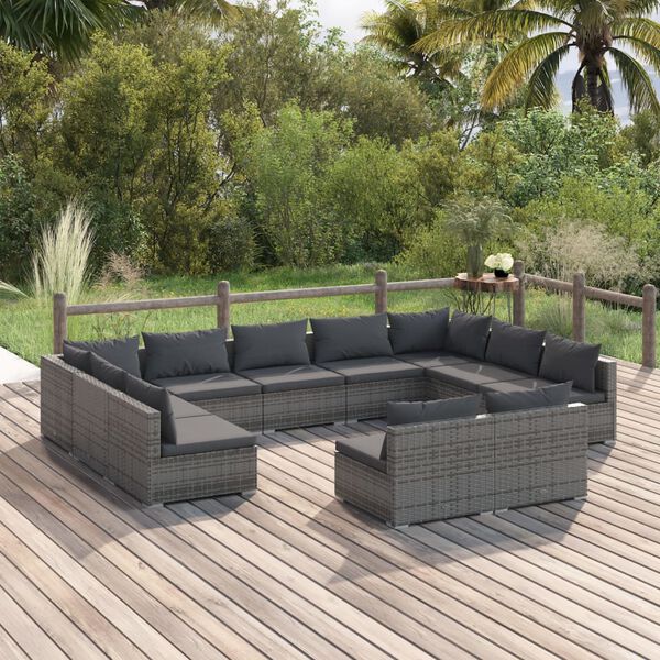 vidaXL Salon de jardin 11 pcs avec coussins Gris Résine tressée