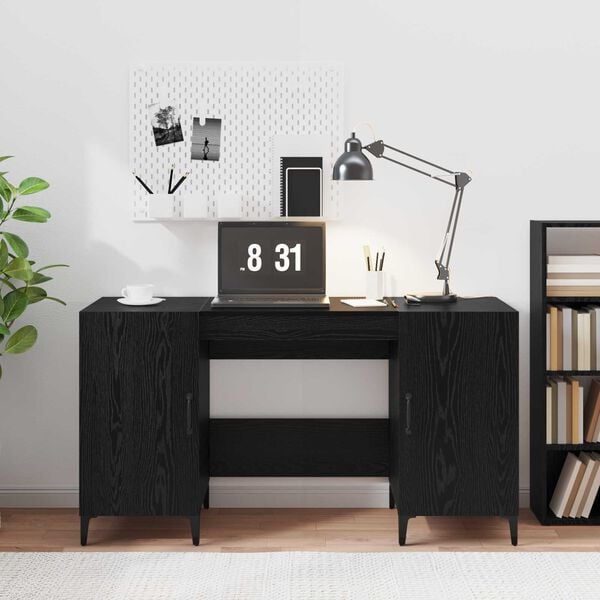 vidaXL Bureau avec porte Ch&ecirc;ne noir 140 x 50 x 75 cm Bois d'ing&eacute;nierie