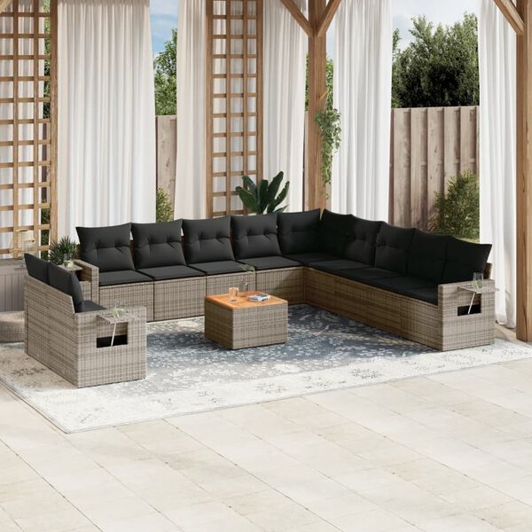 vidaXL Salon de jardin avec coussins 12 pcs gris r&eacute;sine tress&eacute;e