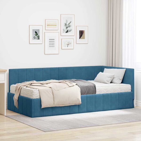 vidaXL Cadre de lit d'angle avec matelas 2 pcs Bleu Velours