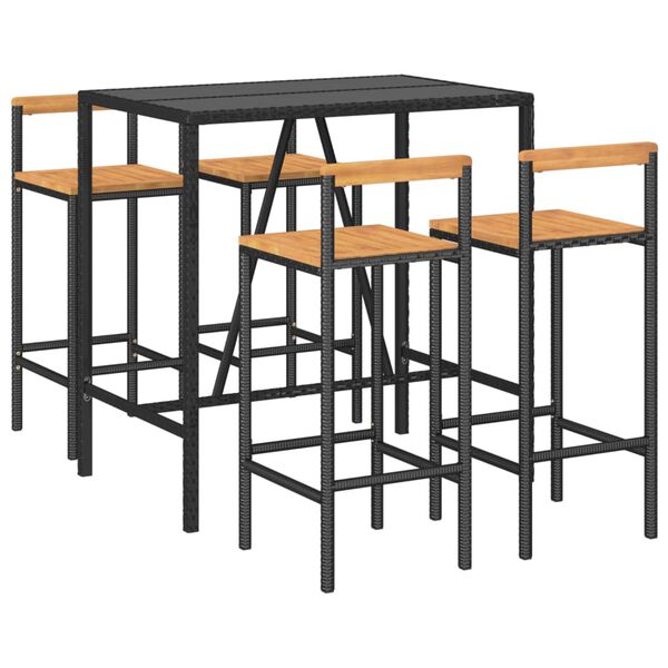 vidaXL Ensemble de bar jardin 5 pcs noir poly rotin/bois massif acacia