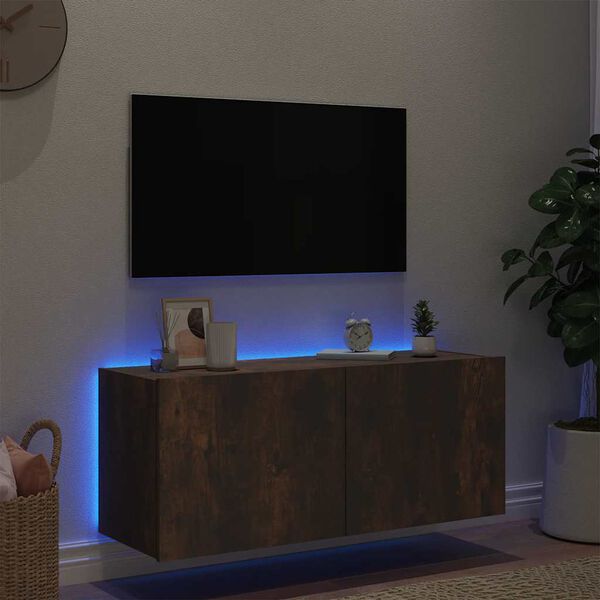 vidaXL Meuble TV mural avec lumi&egrave;res LED ch&ecirc;ne fum&eacute; 100x35x41 cm