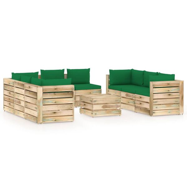 vidaXL Salon de jardin 9 pcs avec coussins Bois impr&eacute;gn&eacute; de vert