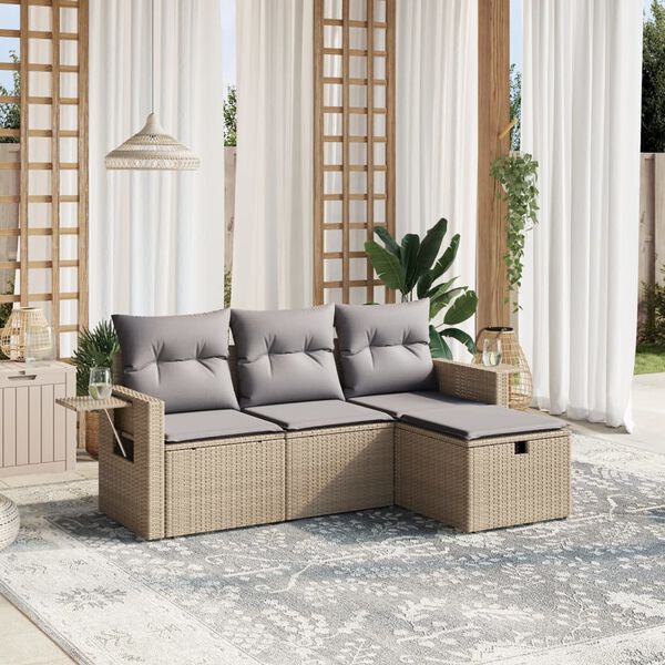 vidaXL Salon de jardin avec coussins 4pcs m&eacute;lange beige r&eacute;sine tress&eacute;e