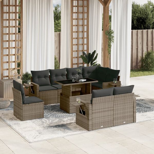 vidaXL Salon de jardin 9 pcs avec coussins gris r&eacute;sine tress&eacute;e