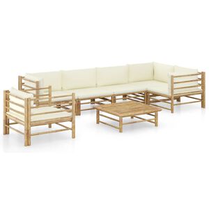 vidaXL Salon de jardin 7 pcs avec coussins blanc cr&egrave;me bambou