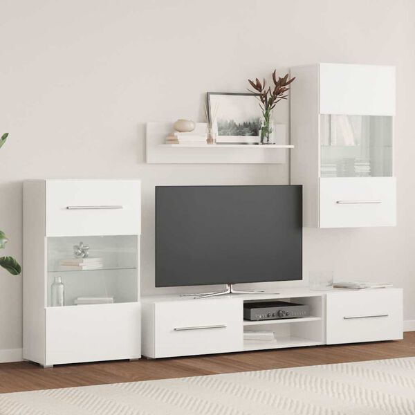 vidaXL Meubles TV 5 pcs avec lumière LED blanc mat bois d'ingénierie