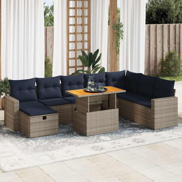 vidaXL Salon de jardin avec coussins 9 pcs gris r&eacute;sine tress&eacute;e acacia