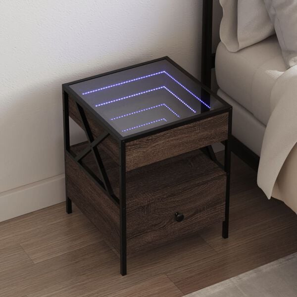 vidaXL Table de chevet avec LED infini ch&ecirc;ne marron 40x40x51 cm