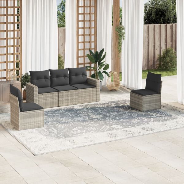 vidaXL Salon de jardin 5 pcs avec coussins gris clair r&eacute;sine tress&eacute;e
