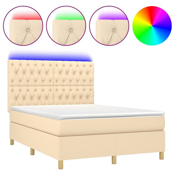 vidaXL Sommier &agrave; lattes de lit et matelas et LED Cr&egrave;me 140x190cm Tissu